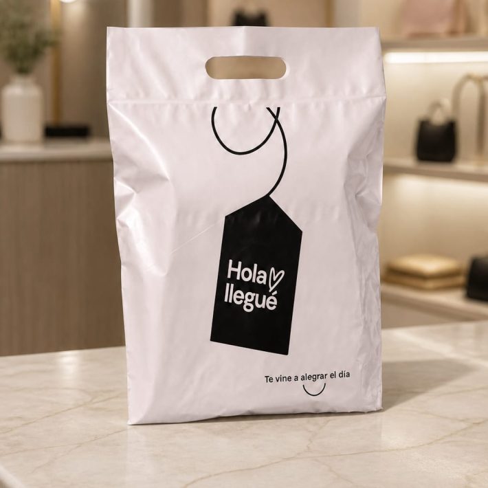 Bolsa Courier con asa diseño "Hola Llegue" 25x35 cm / 50 unidades